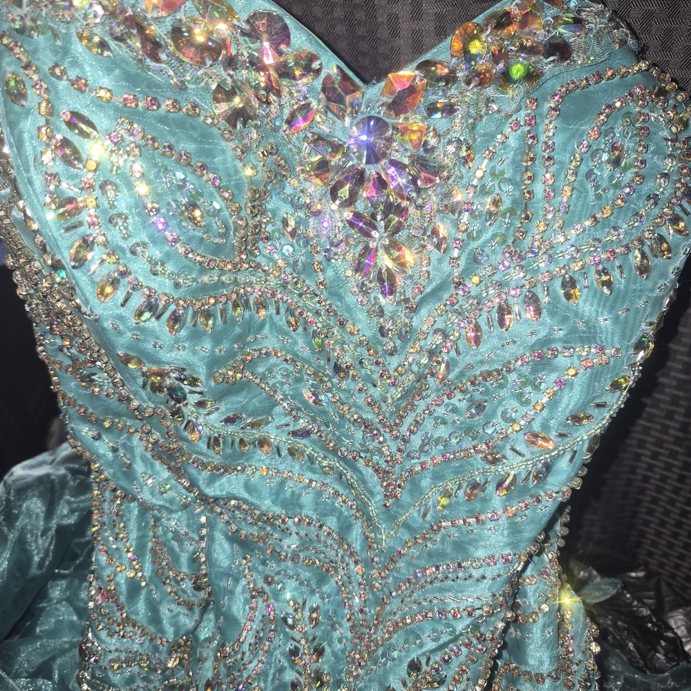 Turquoise Beaded Strapless Prom Gown